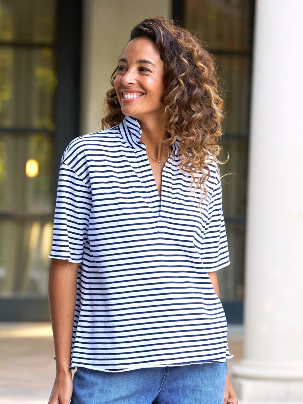 Frank & Eileen Patty Short-Sleeve Popover Henley Navy French Stripe